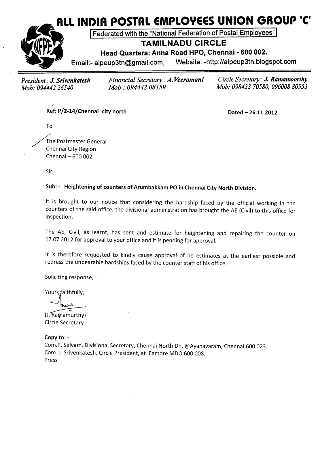 ALL INDIA POSTAL EMPLOYEES UNION GROUP C, TN CIRCLE, CHENNAI 600 002 SOME IMPORTANT LETTERS