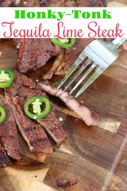Honky Tonk Tequila Lime Steak on cutting board sliced on fork