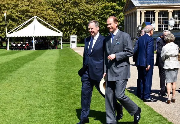 The Countess of Wessex wore Roksanda stripe dress and Joseph Nessie basket weave jacket in blue