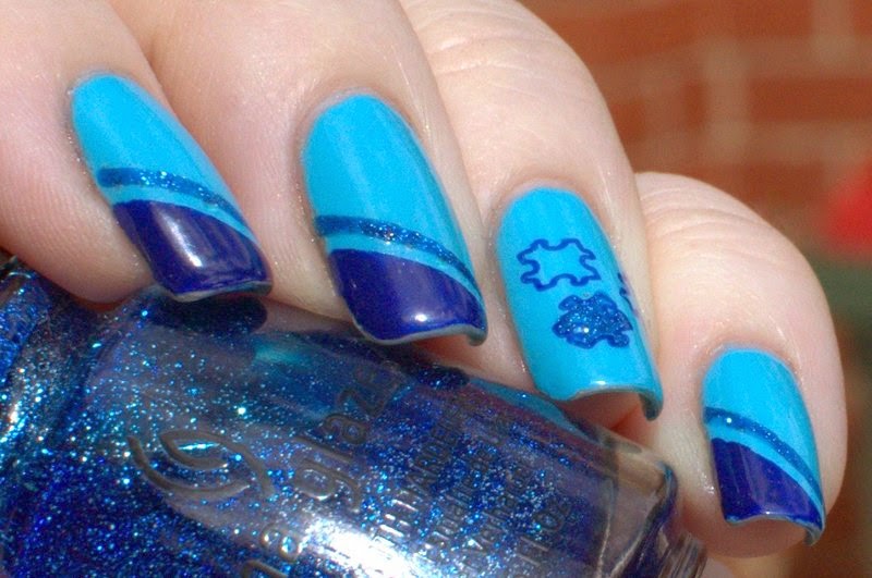Austism Awareness- OPI Eurso Eurso, Barry M Turquoise and China Glaze Dorothy Who? with puzzle stamping