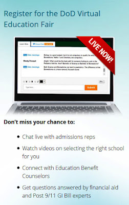 snapshot of login for DOD Ed Fair: Image of a laptop.  Text: Register for the DoD Virtual Education Fair  Don't miss your chance to chat live with admissions reps, watch videos on selecting the right school for you, connect with education benefit counselors and more.