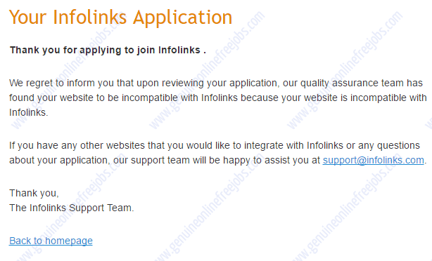 Infolinks minimum requirement failed denied approval