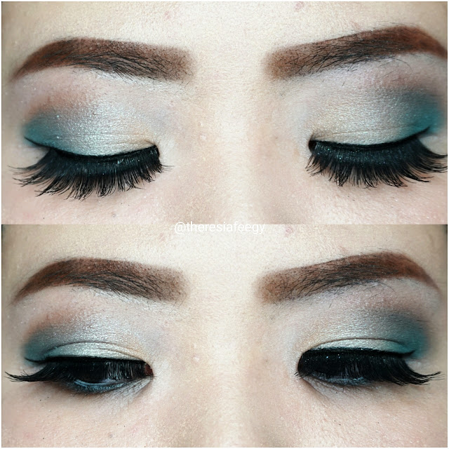 Soft look makeup in soft gold and soft silver turquoise for a romantic look date night. Makeup artist and hair stylist in Jakarta for makeup and hairdo service.