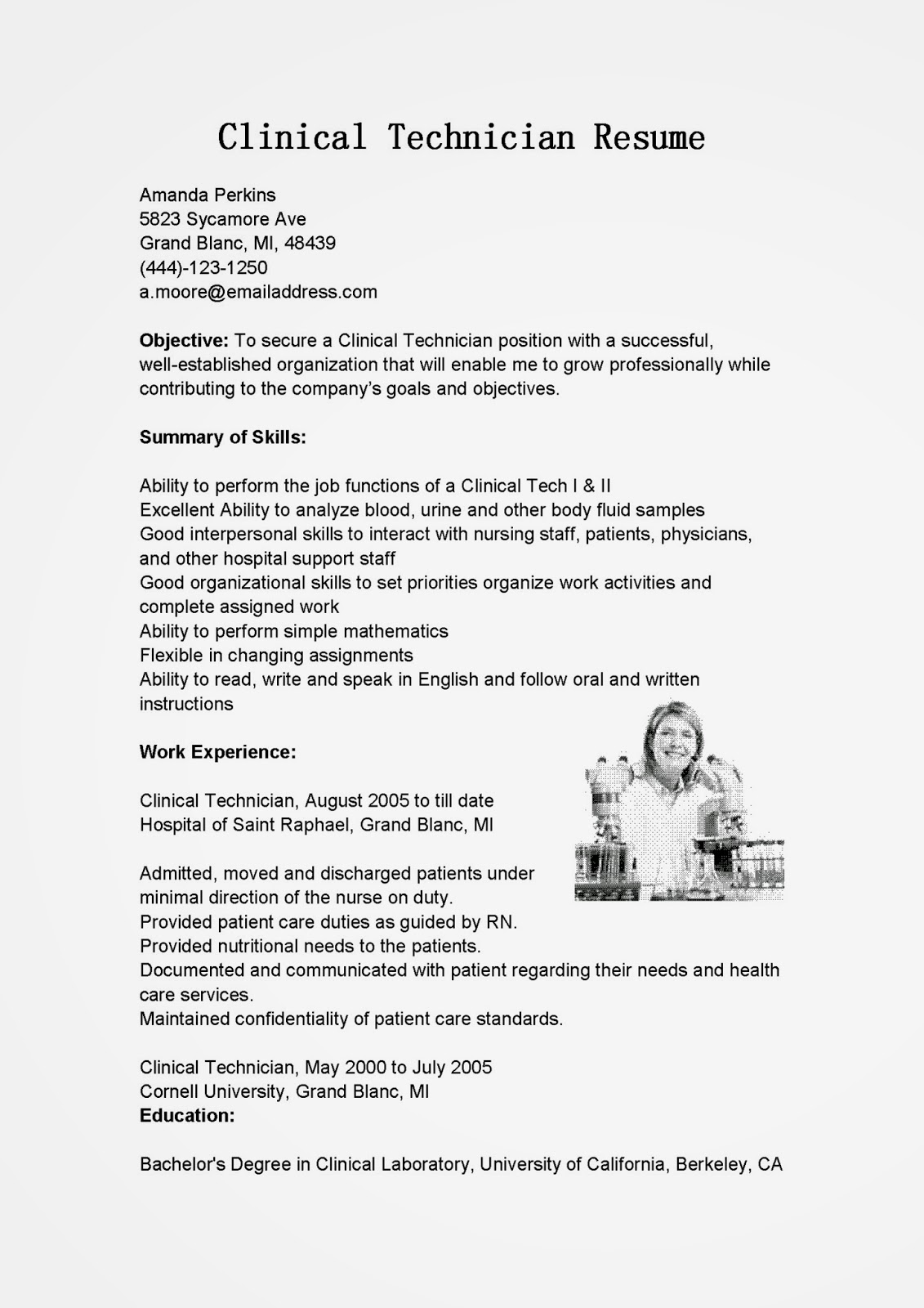 Resume Samples: Clinical Technician Resume Sample