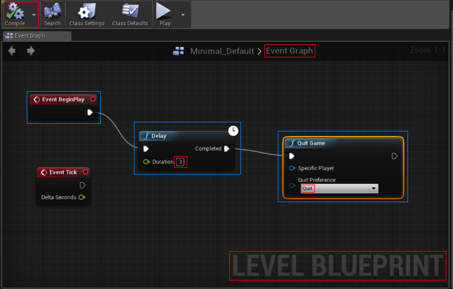 I touchs Unreal Level Blueprint > Quit Game