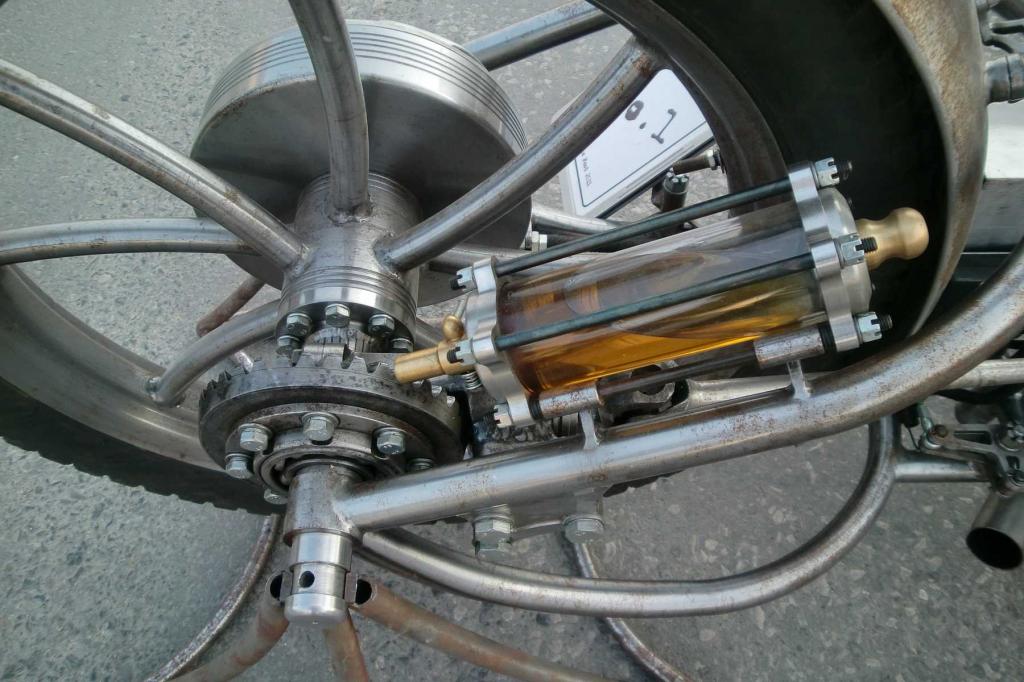 an open final drive unit on a custom M-72 motorcycle