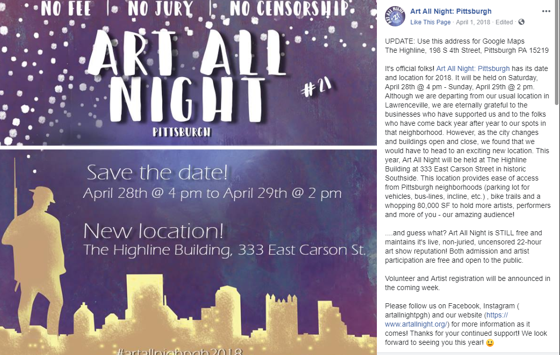 Advertising, Writing, & Production Art All Night Pittsburgh Facebook ad