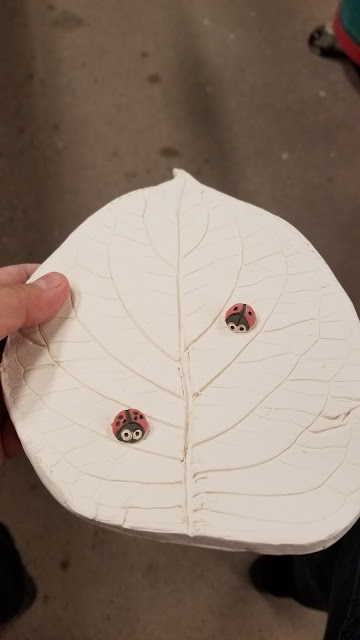 Beautiful hosta leaf ceramic plate with ladybug, pottery in progress by Lily L.