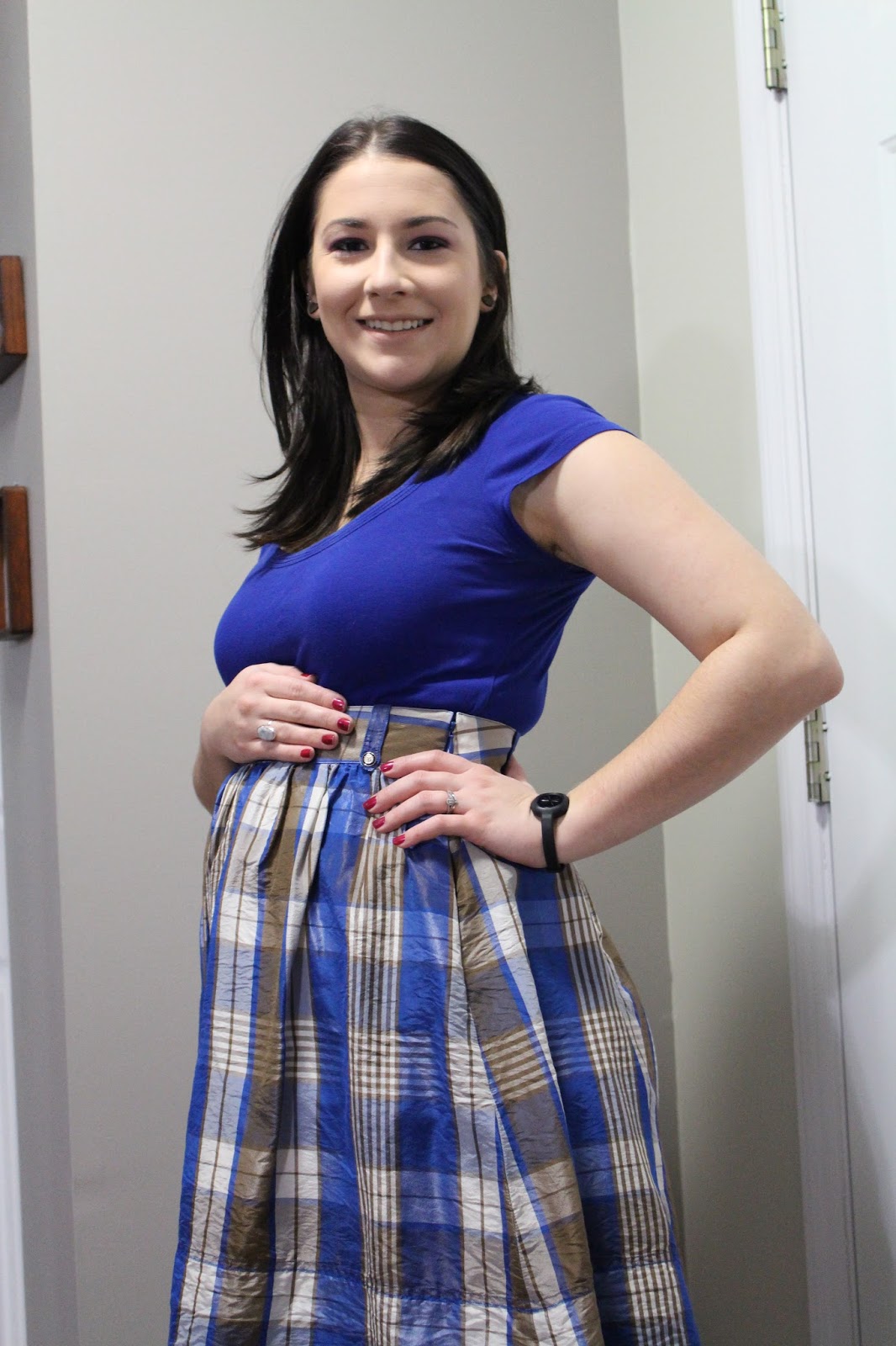 Lainamarie91 15 Weeks Maternity OOTD + FOTD Blue Plaid High Wasted Skirt