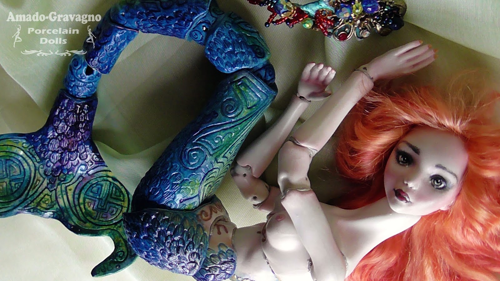 engraved tattooed mermaid porcelain ooak doll