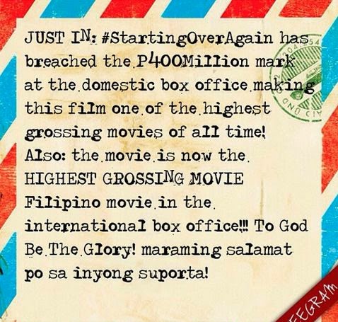 Starting Over Again surpasses 400 Million mark, now the highest grossing Filipino movie of all time