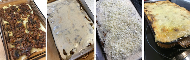 Assembling, layering, lasagna, bechamel, lamb, mushrooms