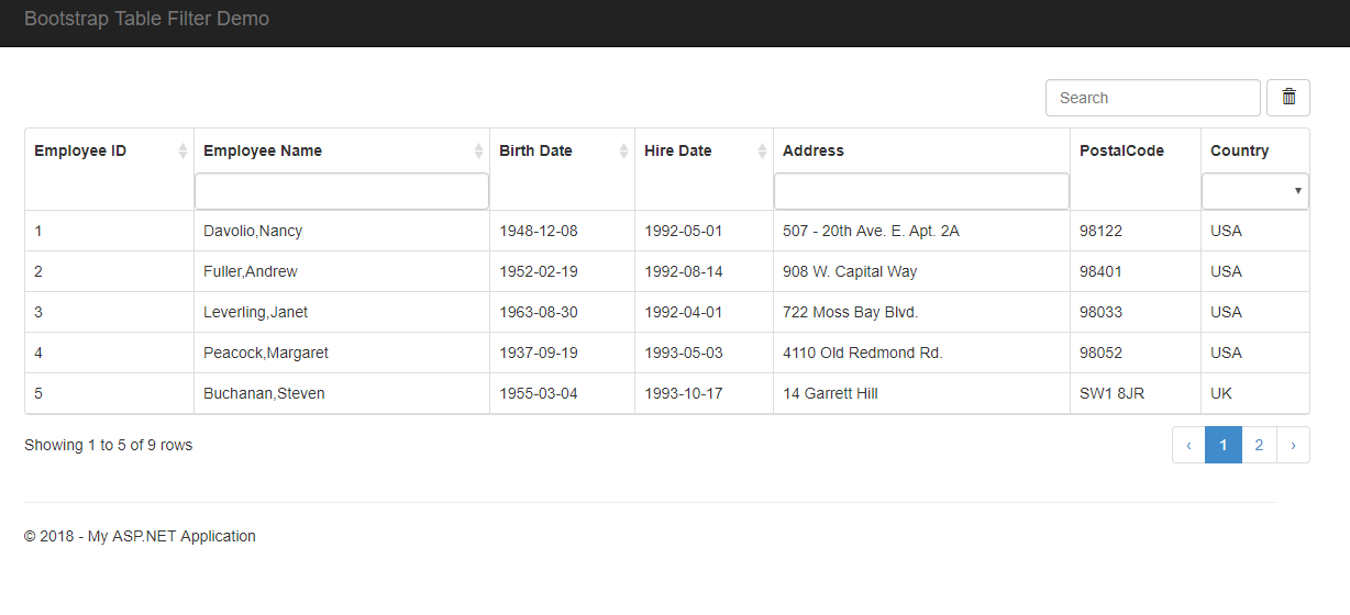 Filtering, Paging and Searching Bootstrap Table in MVC