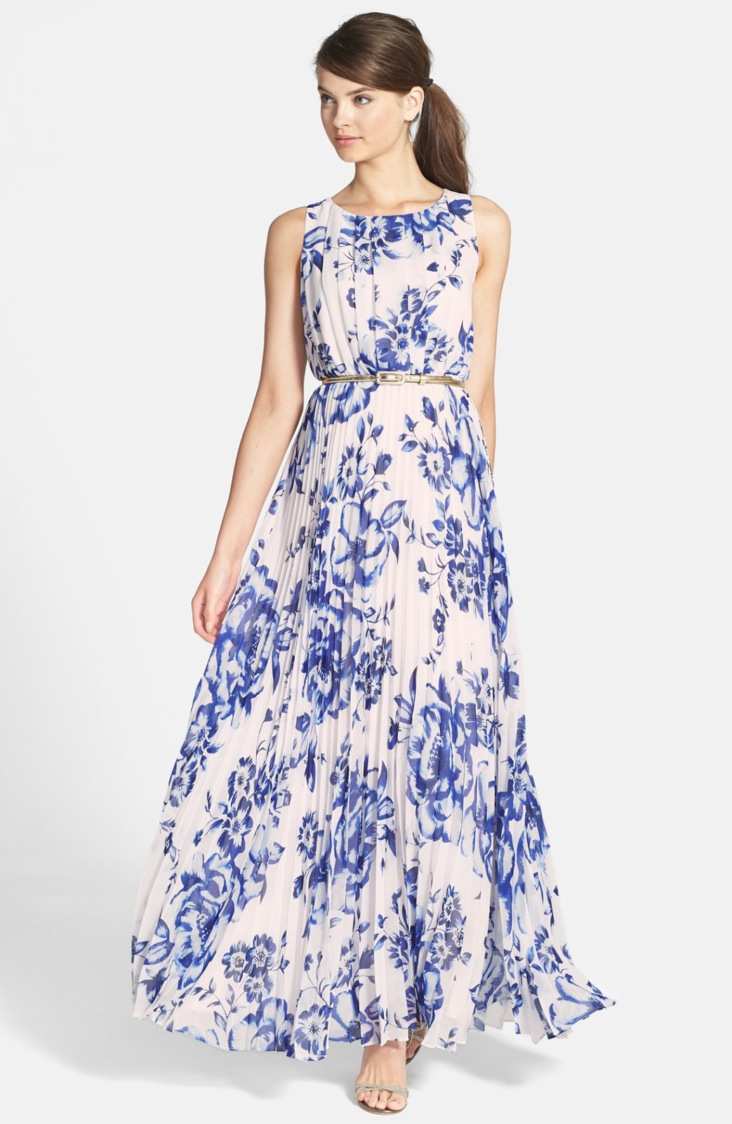 WHITE AND BLUE PRINTED CHIFFON MAXI DRESS