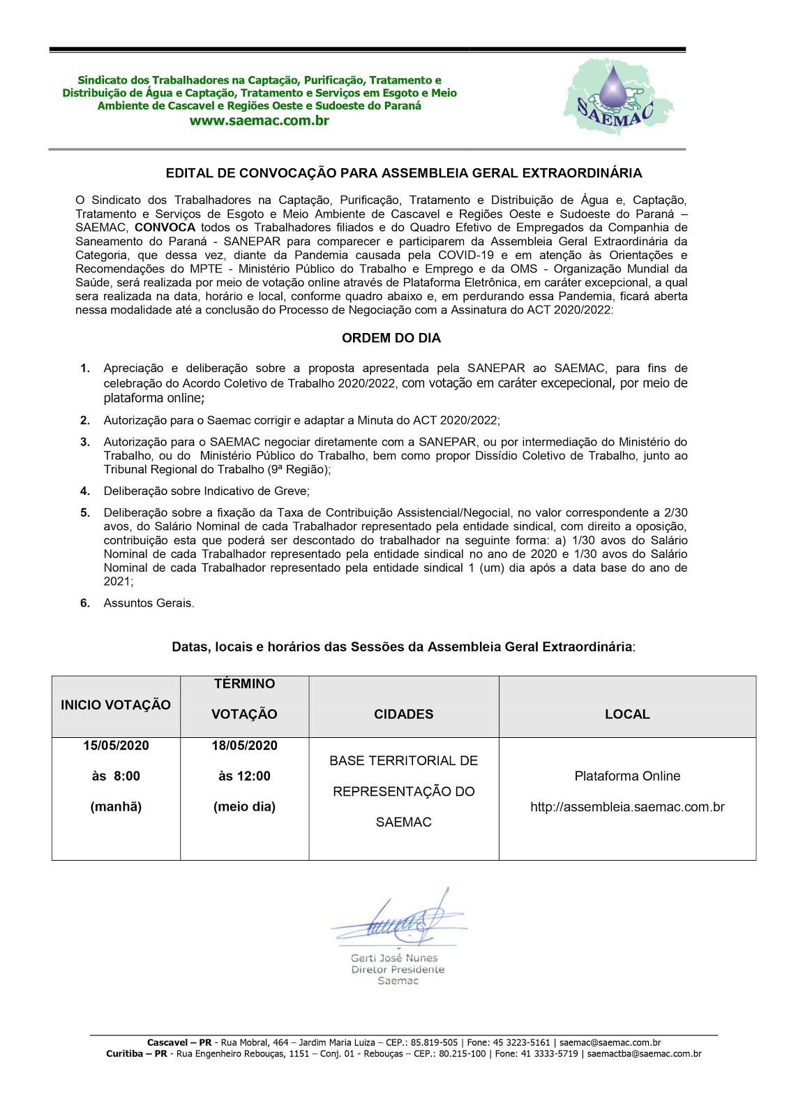SAEMAC publica edital para votação ACT 2020/2022 Saemac Sindicato