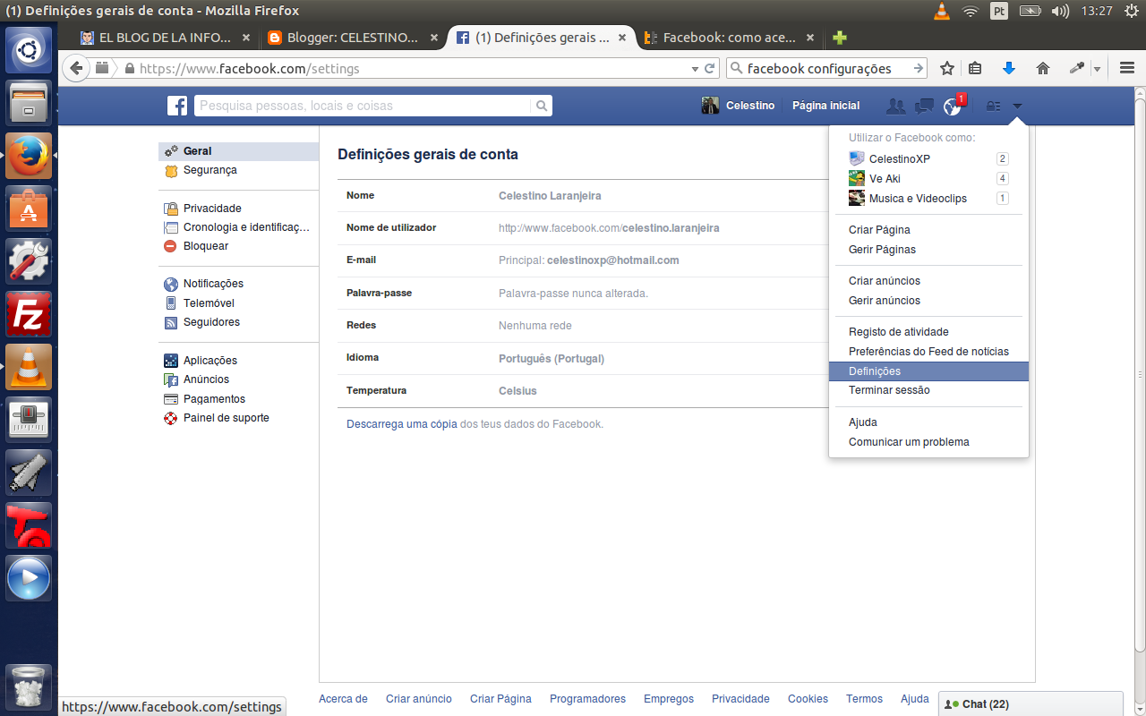 Menu Definições do Facebook Screenshot do Menu Definições do Facebook