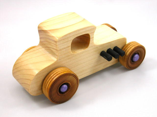 Wooden Toy Car - Hot Rod Freaky Ford - 1927 Ford Coupe - Model-T - Satin Polyurethane - Amber Shellac - Purple - Black - Pine