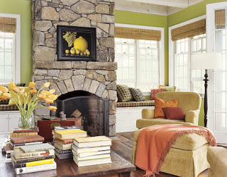 Green Living Room With Stone