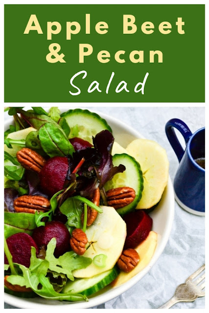 Apple, Beet and Pecan Salad. A crisp, fresh salad. Perfect for lunch and lunchboxes #salad #vegansalad #beetsalad #applesalad #pecansalad #beets #apples #pecans #lunchbox #lunch
