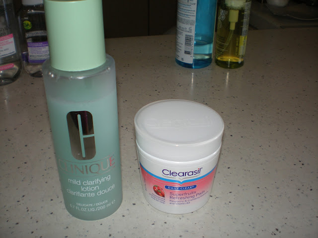 Toners: Clinique clarifying lotion and Clearasil Superfruits Refreshing Pads