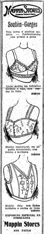 Propagandas antigas de roupas íntimas da Mappin Stores em 1918.