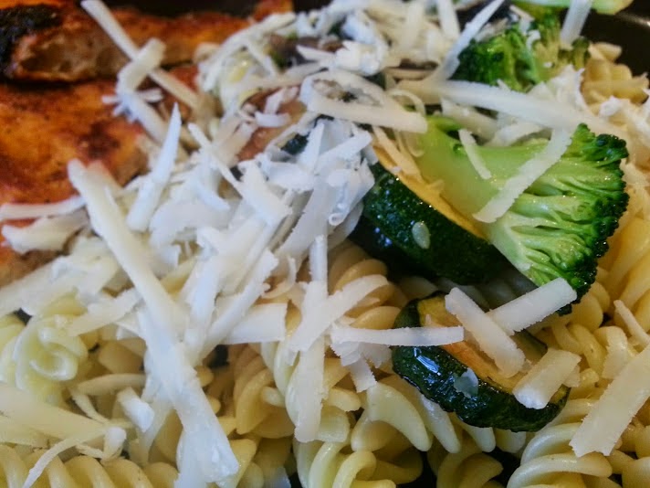 Pasta with roasted vegetables and grated goats cheese from St. Helen's Farm