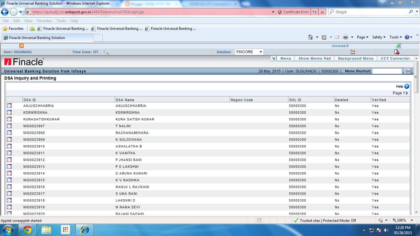 How to find the list of Agents in DOP Finacle Menu for Agent List