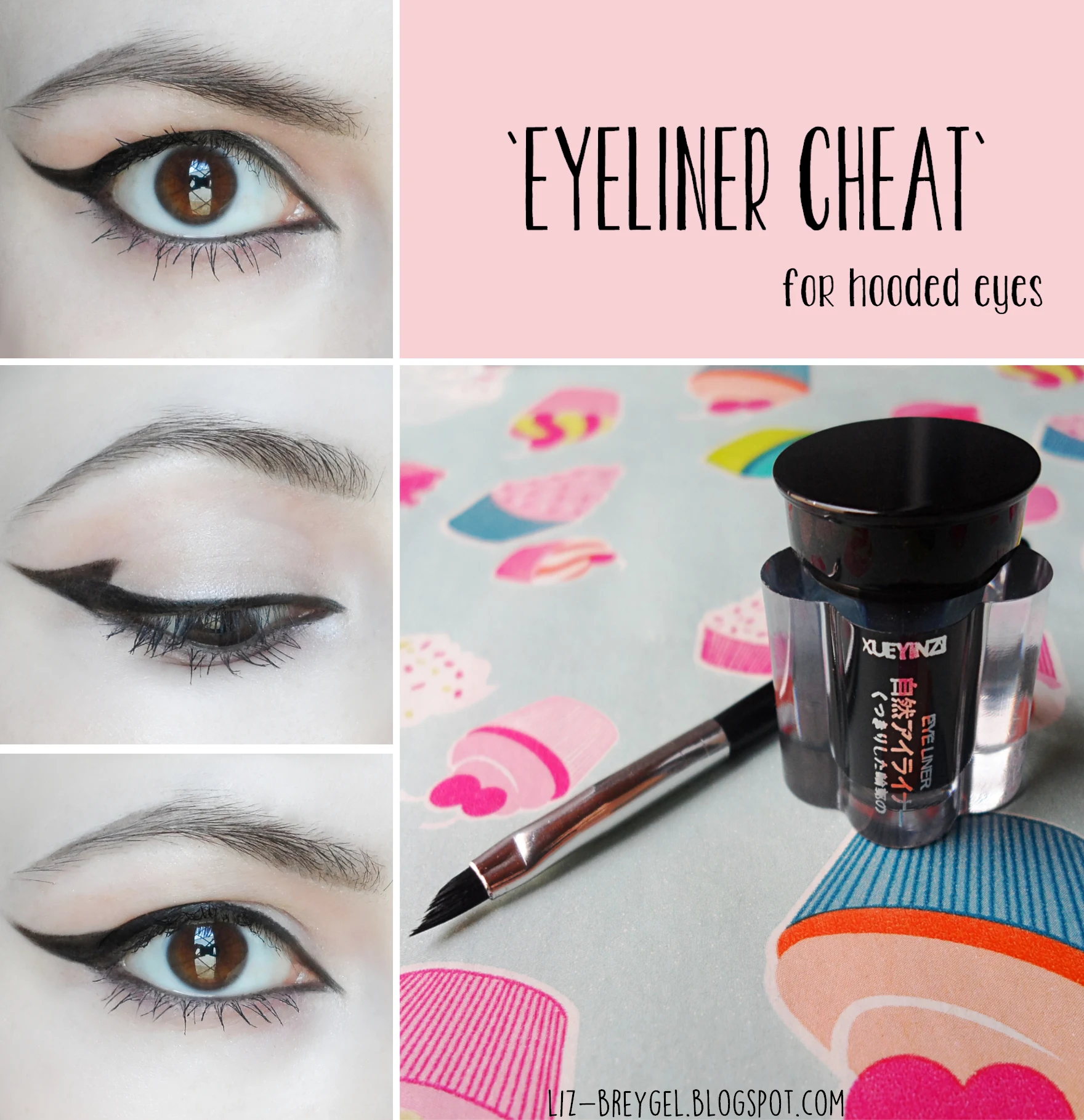 a step-by-step makeup pictorial that demonstrates how to apply liquid eyeliner to hooded eyes and small eyelids?