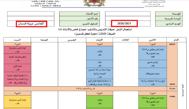 استعمال الزمن للمستوى 5 نمط التعليم القائم على التناوب 2020-2021