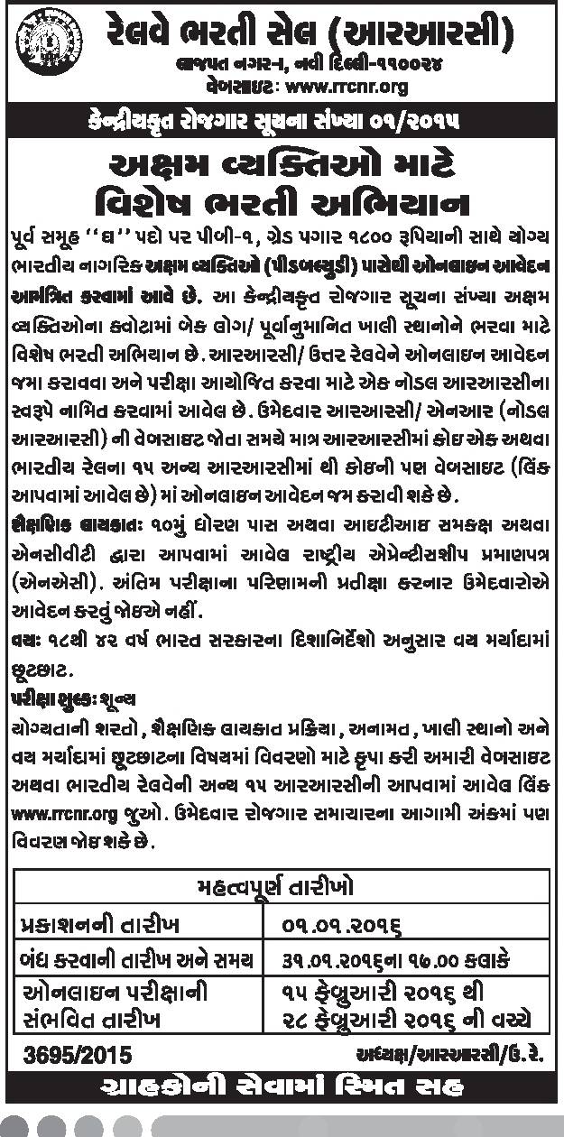 RRCNR Special Recruitment 2016 Drive for PWD Candidates Northern