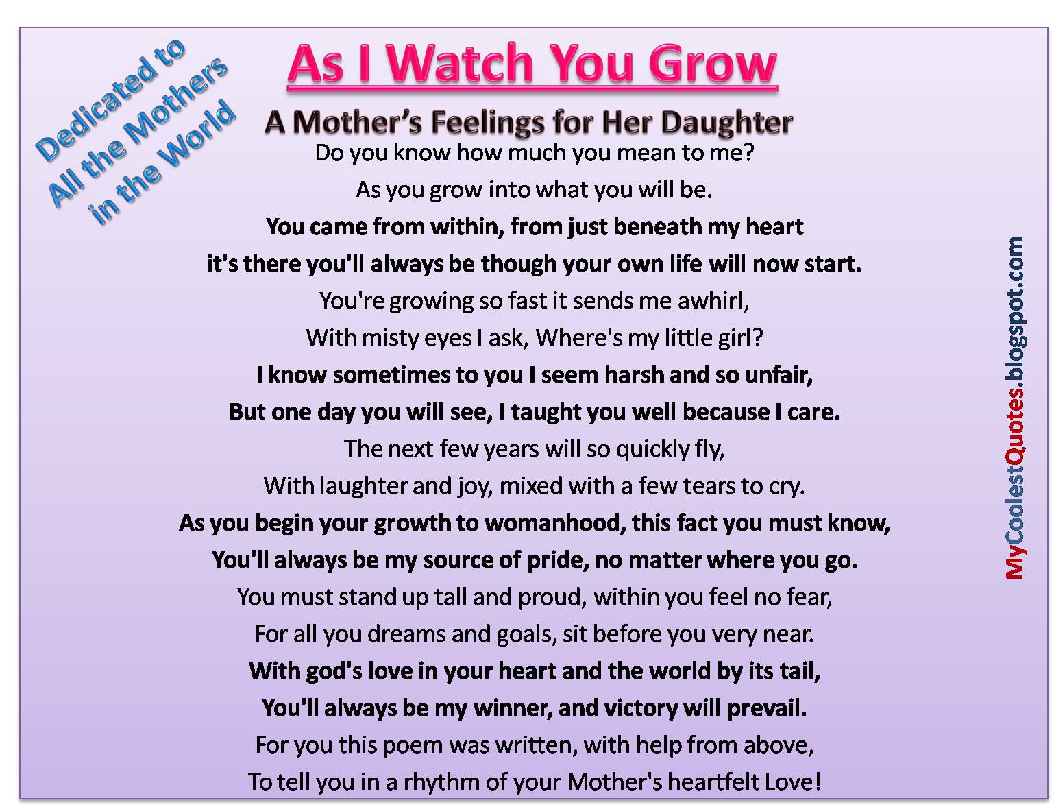 A Mother s Feelings for Her Daughter AS I WATCH YOU GROW Do you know how much