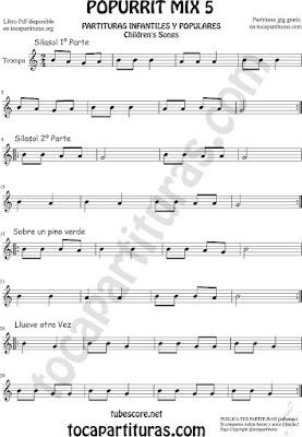  Mix 5 Partitura de Trompa y Corno Francés en Mi bemol Notas Si la sol, Sobre un Pino Verde, Llueve otra vez Popurrí Mix 5 Sheet Music for French Horn Music Scores