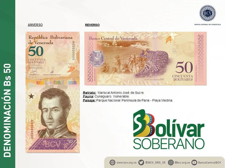 Nuevos billetes y monedas de Venezuela 2018. Nuevo cono monetario venezolano 2018. Monedas y billetes nuevos de Venezuela 2018. Billete de 50 Bs Soberano