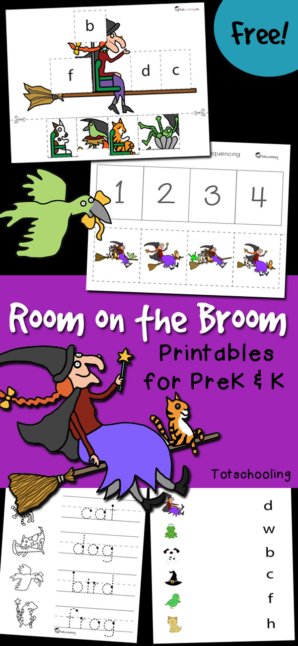 FREE printables to go along with the Halloween book Room on the Broom. Great for preschool and kindergarten kids, the activities include story sequencing, letter sounds, sorting and tracing.