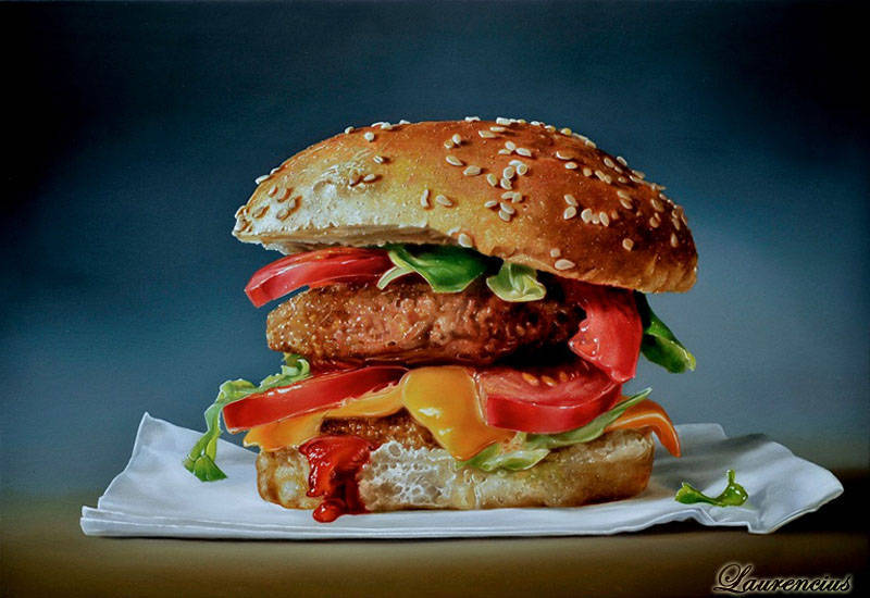 Lukisan Makanan Karya Tjalf Sparnaay Belanda Laurencius 2 Cheeseburger Gambar