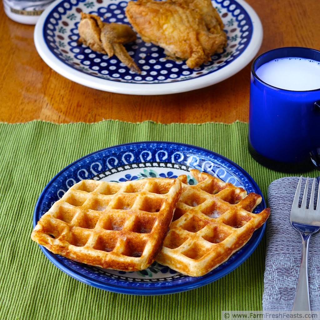 A light and fluffy waffle tinged with shredded carrots for a Spring breakfast--start it the night before, then enjoy waffles without having to wake up enough to measure the batter ingredients.