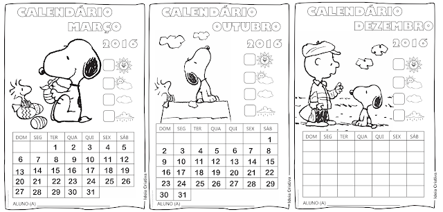 Calendários Mensais do Snoopy para Atividades em sala