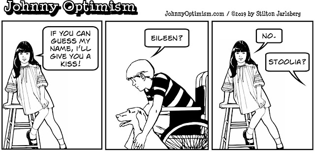 johnny optimism, medical, humor, sick, jokes, boy, wheelchair, doctors, hospital, stilton jarlsberg, stool, girl, eileen