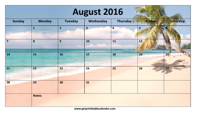 August 2016 Beach Calendar, August 2016 Beach Calendar Printable, August 2016 Beach Calendar Template, August 2016 Beach Blank Calendar