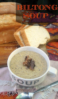 Biltong Soup ~ Delicious, rich and hearty soup made using traditional South-African Biltong which is similar {but not 100% same} as "Beef Jerky" #Soup #SouthAfrican #Biltong www.WithABlast.net