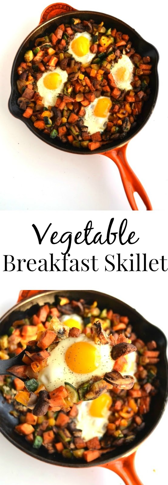 This vegetable breakfast skillet is packed full of nutritious vegetables and baked eggs for the perfect start to your day!
