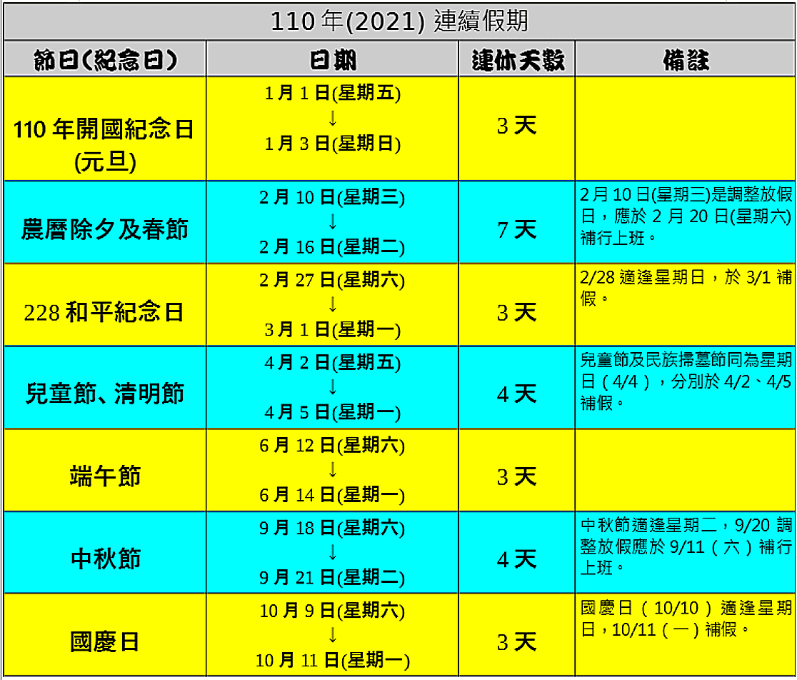 政府行政機關辦公日曆表