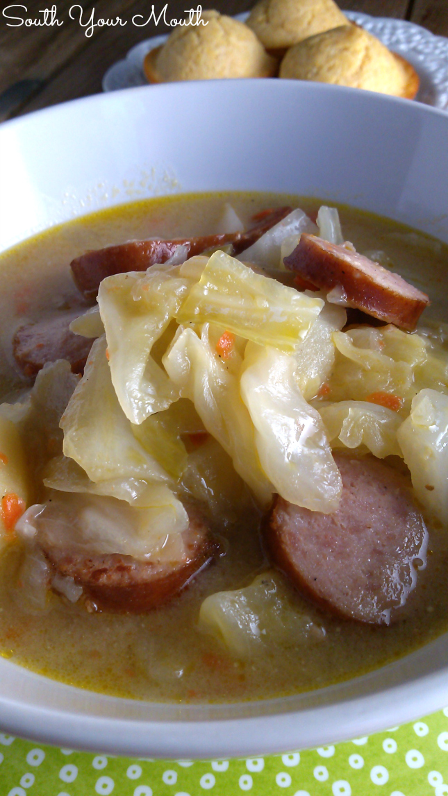 Cabbage Stew! A hearty stew made with cabbage, smoked sausage or kielbasa and potatoes. Great with cornbread or crusty french bread!