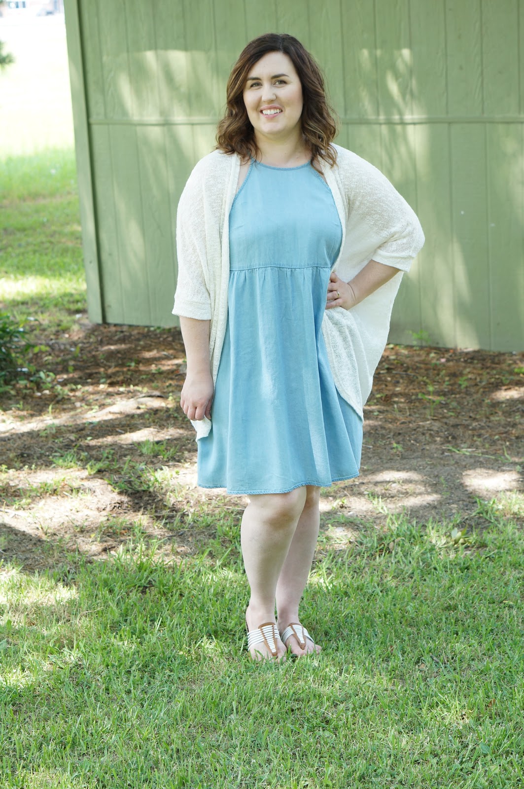 Rebecca Lately Target Chambray Swing Dress Cream Cocoon Cardigan Target DV Sandals