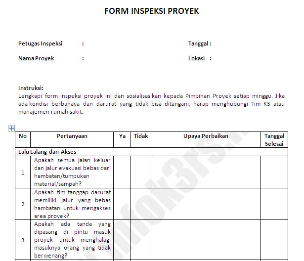 Formulir Inspeksi Proyek Rumah Sakit InfoK3RS ID