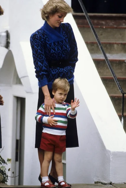 Prince William with his mother, Princess Diana, on his first day of school in 1985. 