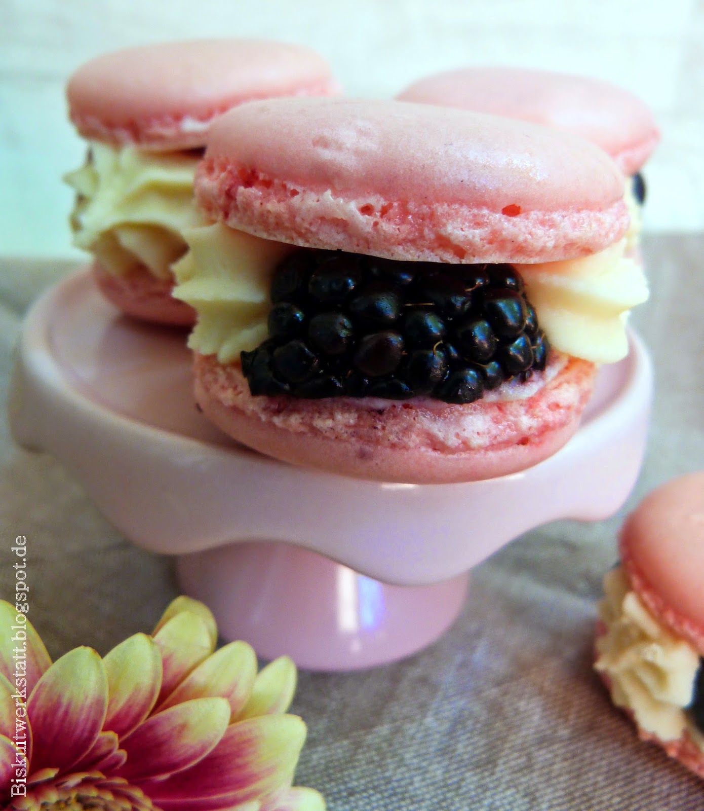 Macarons mit weißer Schokoladenganache und frischen Beeren ...