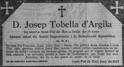 Esquela de Josep Tobella d'Argila