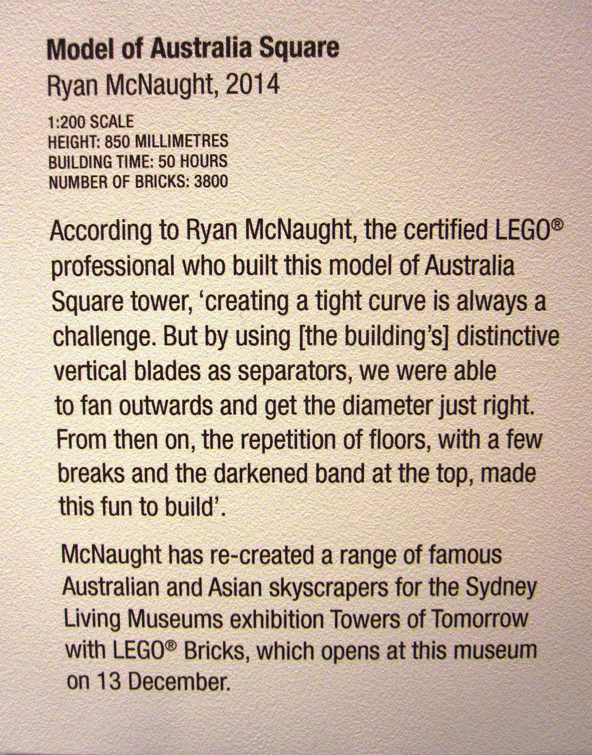 Exhibition card for the Lego model of Australia Square.