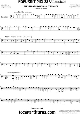  Trombón y Bombardino Partituras Dulce Navidad, Adeste Fideles y Los Campanilleos Villancicos Popurrí Mix 2 Clave de Fa Sheet Music for Trombone and Euphonium 